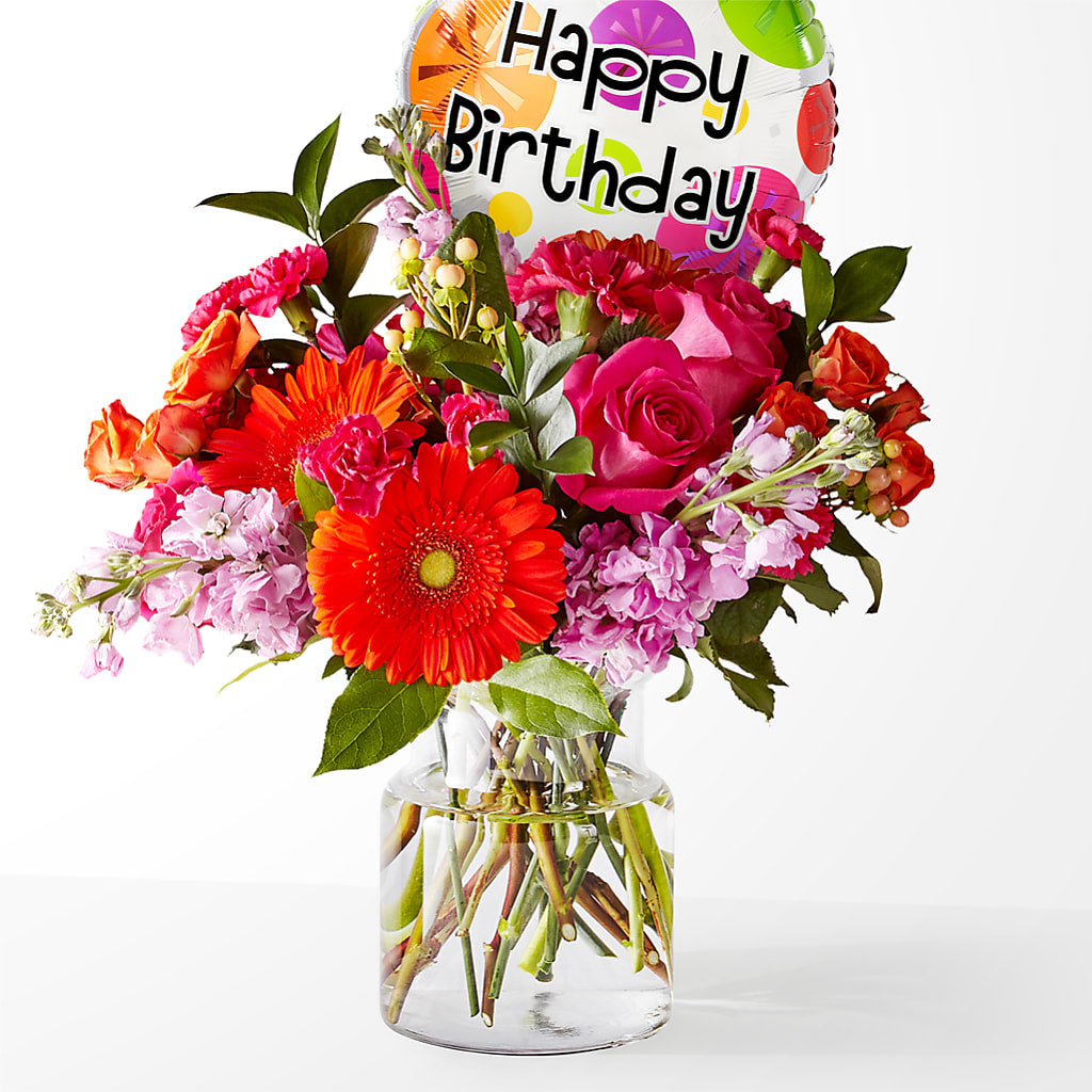 Fiesta Bouquet with Birthday Balloon – Charlynda Fleuriste, Sherbrooke PQ