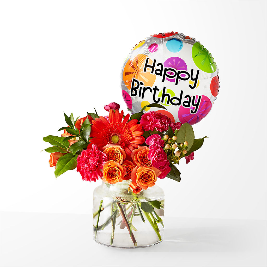 Fiesta Bouquet with Birthday Balloon – Charlynda Fleuriste, Sherbrooke PQ