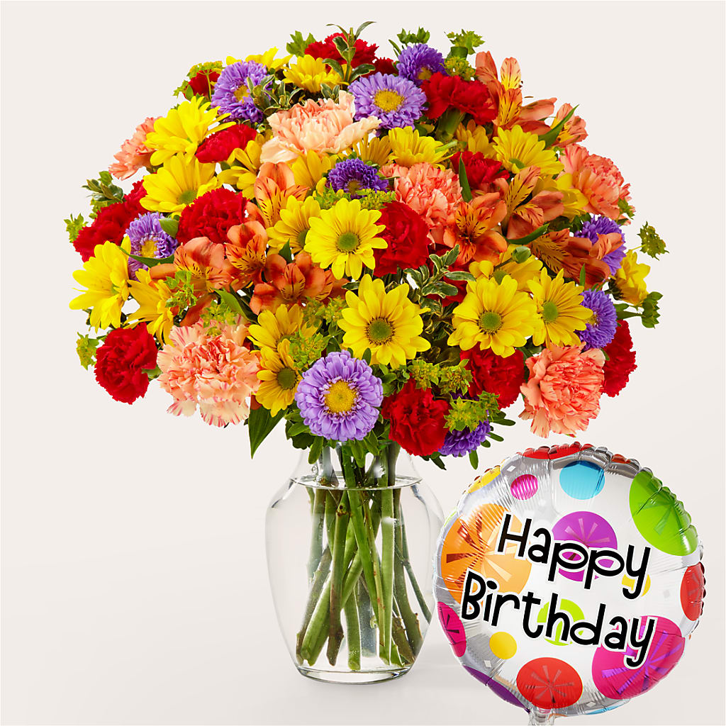 Kaleidoscope Bouquet with Birthday Balloon – Charlynda Fleuriste, Sherbrooke PQ