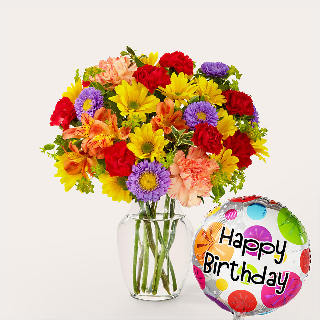 Kaleidoscope Bouquet with Birthday Balloon – Charlynda Fleuriste, Sherbrooke PQ