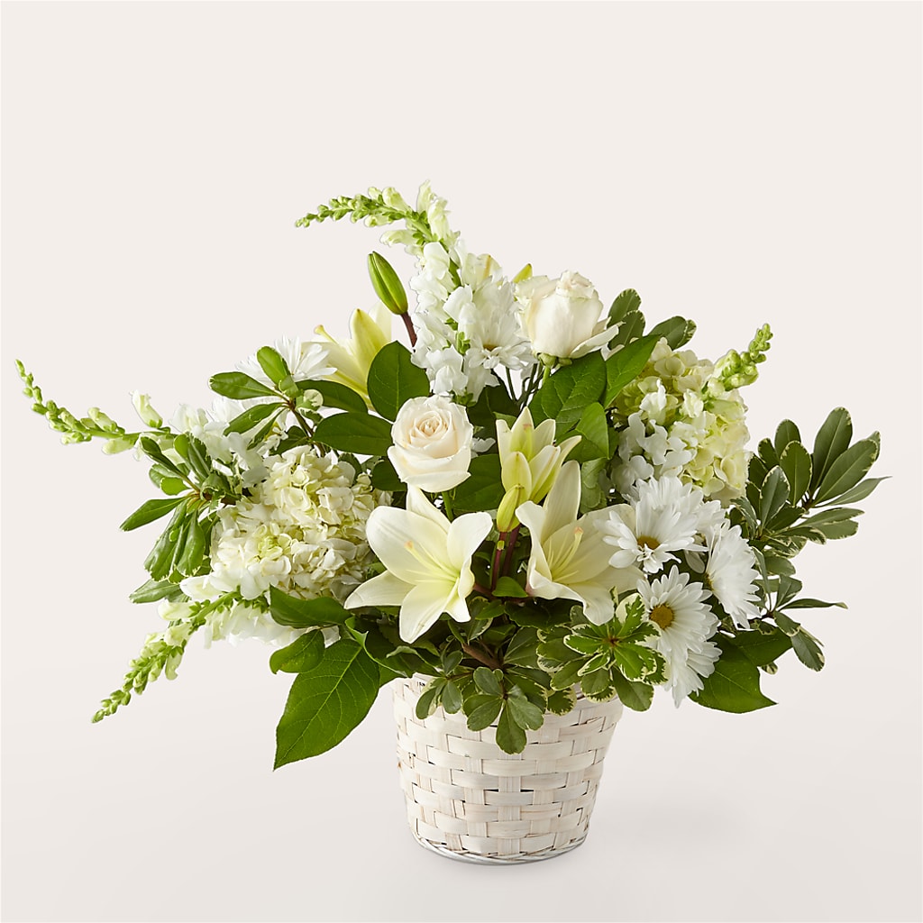 Ivory Elegance Floral Basket – Charlynda Fleuriste, Sherbrooke PQ