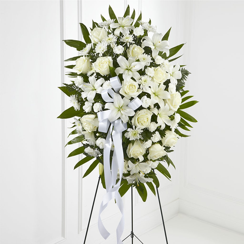 Exquisite Tribute Standing Spray-White Ribbon – Charlynda Fleuriste, Sherbrooke PQ